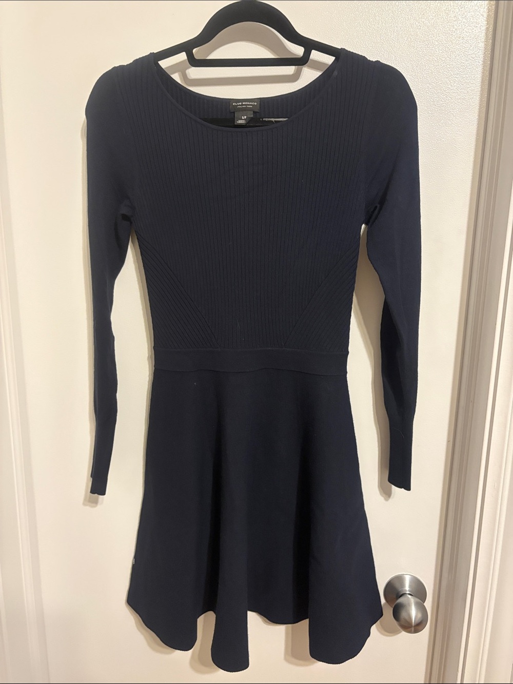Club Monaco Italian yarn Navy Ribbed Fit-and-Flare Midi Dress